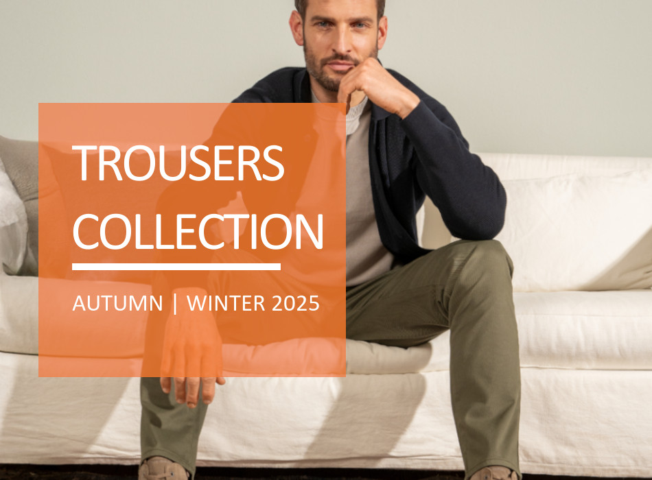 Ein Mann sitzt auf einem Sofa mit dem Titel Trousers Collection Autum | Winter 2025